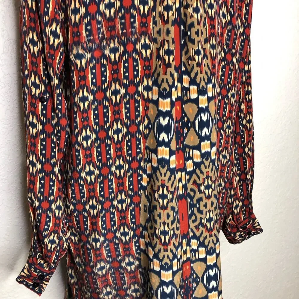Tolani red blue orange graphic print silk shift dress size Medium